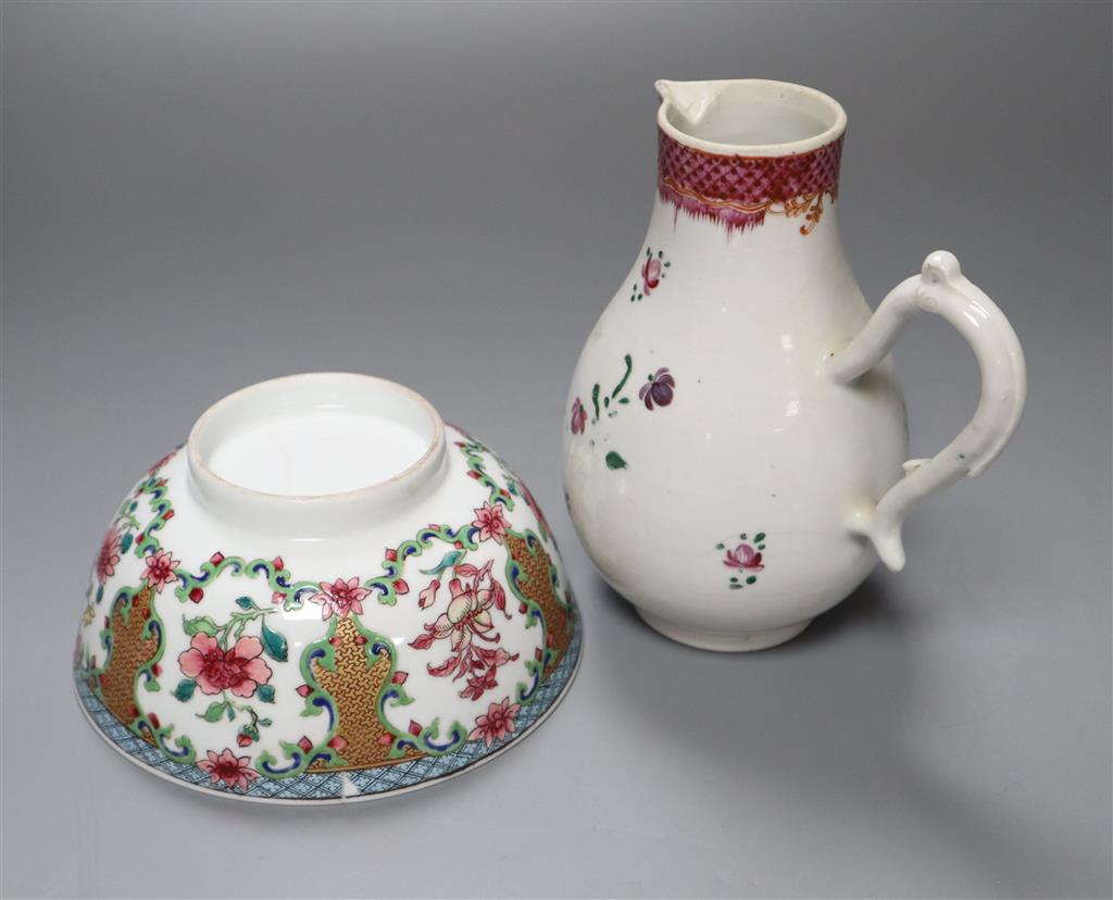 An 18th century Chinese export ceramic jug, lacking cover, together with a famille rose bowl, tallest 15cm